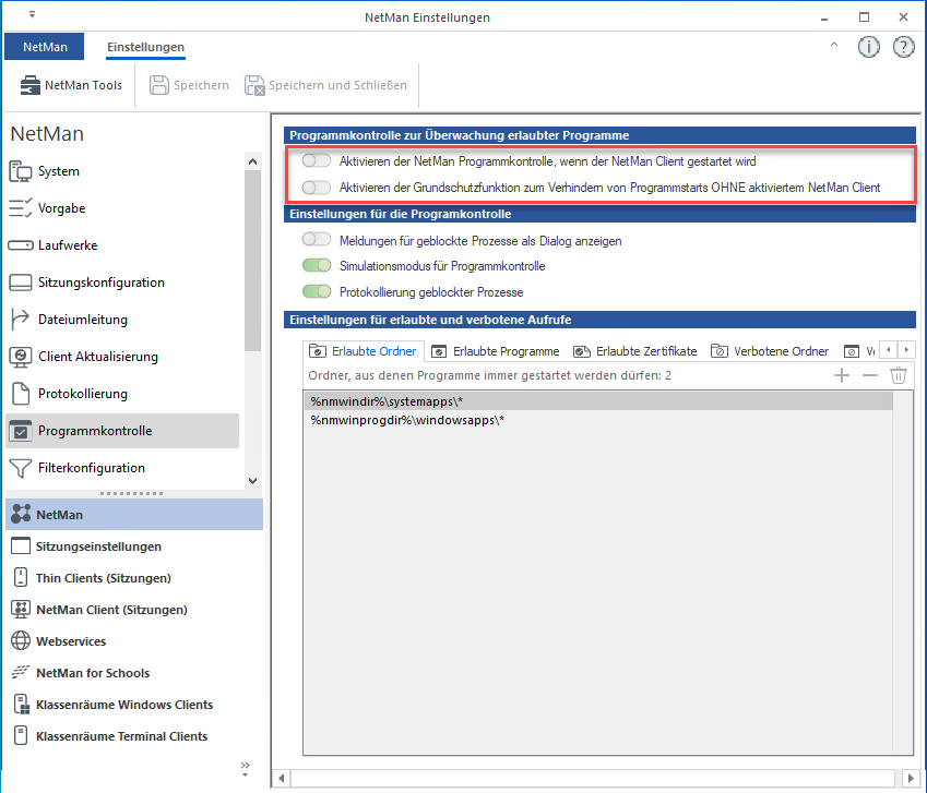 NetMan Einstellungen Programmkontrolle deaktiviert NetMan Einstellungen Programmkontrolle deaktiviert