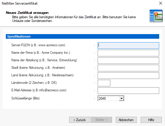 Im Dialog "Neues Zertifikat erzeugen" geben werden die Kontaktdaten der beantragenden Intstitution abgefragt. Im Dialog "Neues Zertifikat erzeugen" geben werden die Kontaktdaten der beantragenden Intstitution abgefragt.