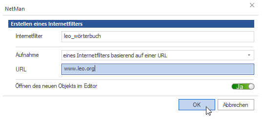 Dialog „Erstellen des Internetfilters“ mit Namensfeld und Feld zur Eingabe der URL Dialog „Erstellen des Internetfilters“ mit Namensfeld und Feld zur Eingabe der URL