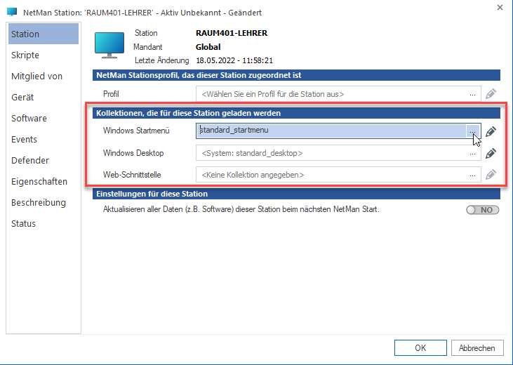 Im Abschnitt "Kollektionen, die für diese Station geladen werden" aktivieren Sie in der Zeile "Windows Startmenü" die "Durchsuchen" Schaltfläche. Im Abschnitt "Kollektionen, die für diese Station geladen werden" aktivieren Sie in der Zeile "Windows Startmenü" die "Durchsuchen" Schaltfläche.