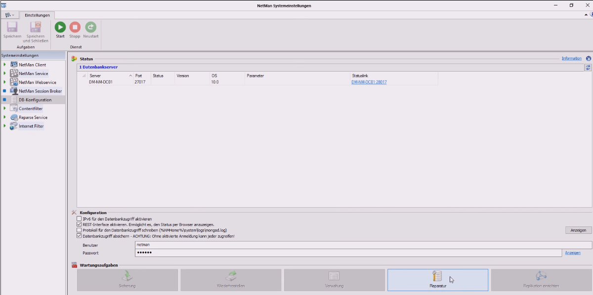 NetMan Systemeinstellungen DB_Konfiguration, Schaltfläche "Reparatur" angewählt.