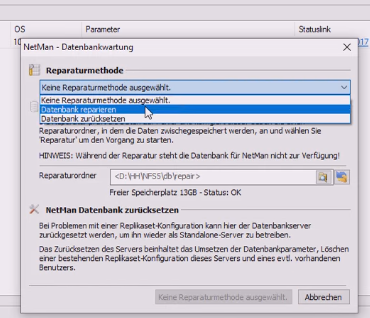 Reparaturmethode "Datenbank repatieren" im Dropdown-Menü ausgewählt.
