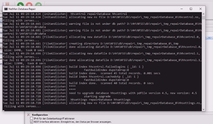 Fenster "Database repair" mit fortlaufenden Eintragungen.&nbsp;