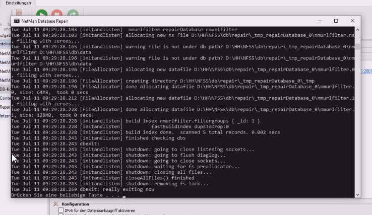 Fenster "Database repair": In der letzten Zeile steht: "Drücken Sie eine beliebige Taste..." Das bedeutet, die Reparatur ist abgeschlossen.