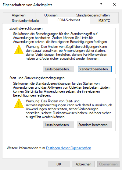 Der Reiter COM-Sicherheit bietet die Möglichkeit sowhl Zugriffsberechtigungen als auch Start- und Aktivierungsberechtigungen zu bearbeiten. Sie können jeweils Limits und Standatd bearbeiten. Der Reiter COM-Sicherheit bietet die Möglichkeit sowhl Zugriffsberechtigungen als auch Start- und Aktivierungsberechtigungen zu bearbeiten. Sie können jeweils Limits und Standatd bearbeiten.
