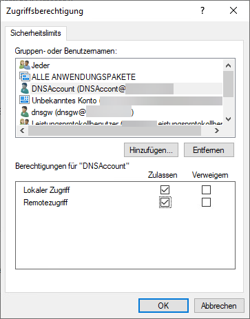 Berechtigungen für "DNSAccount": Lokaler Zugriff zulassen, Remotezugriff zulassen. Berechtigungen für "DNSAccount": Lokaler Zugriff zulassen, Remotezugriff zulassen.