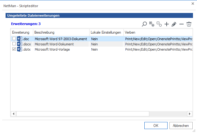 Liste erkannter Dateierweiterungen zur Auswahl Liste erkannter Dateierweiterungen zur Auswahl
