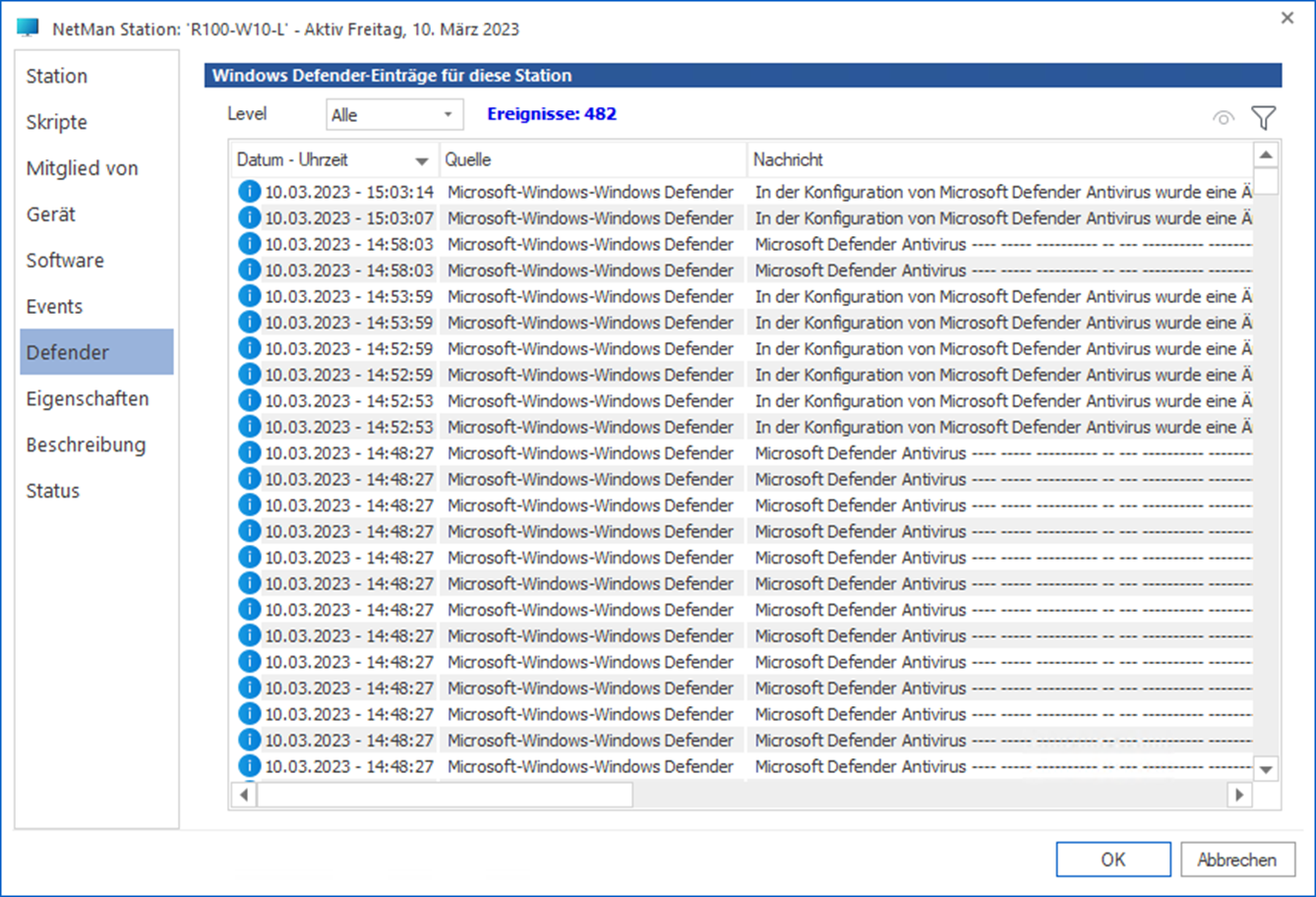 Beispiel Geräteinformationen Seite Defender: Die Liste der Windows Defender-Einträge für diese Station wird angezeigt. Die Liste ist filterbar.