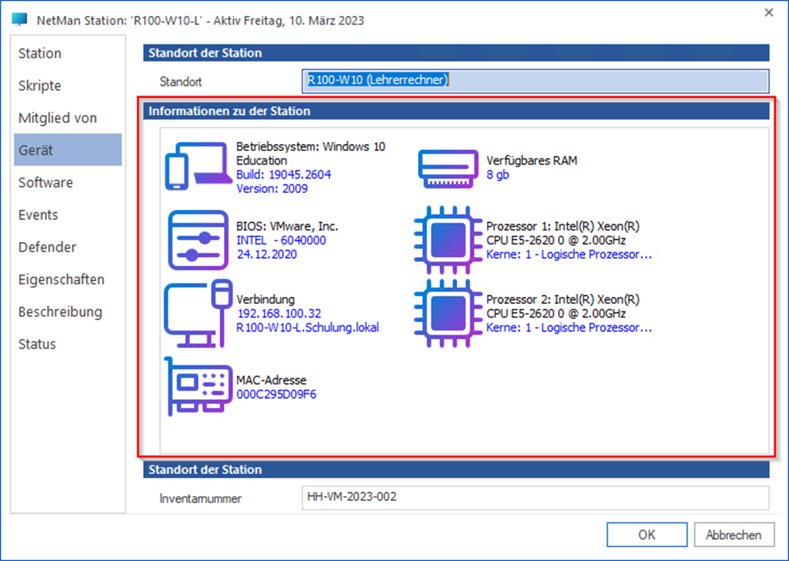 Beispiel Geräteinformationen Seite Gerät. Die Hardware-Informationen werden angezeigt.