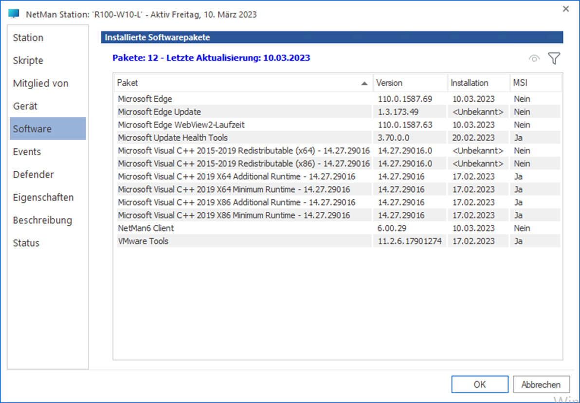 Beispiel Geräteinformationen Seite Software: Die Liste der installierten Softwarepakete wird angezeigt.