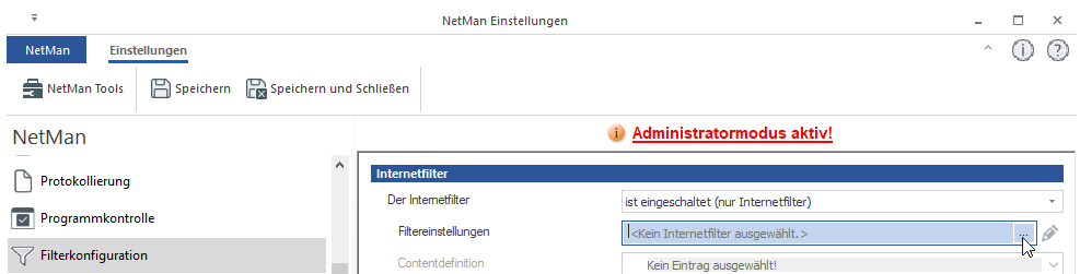 NetMan Einstellungen/NetMan/Filterkonfiguration: Im Feld Filtereinstellungen wird der globale Internetfilter zugewiesen.