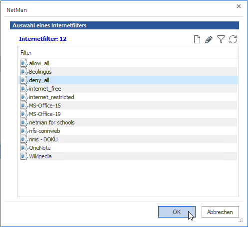 &nbsp;Dialog Auswahl eines Internetfilters