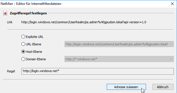 Beispiel Zugriffsregel: Im Feld Regel wird die Adresse http://login.windows.net* zugelassen. Beispiel Zugriffsregel: Im Feld Regel wird die Adresse http://login.windows.net* zugelassen.