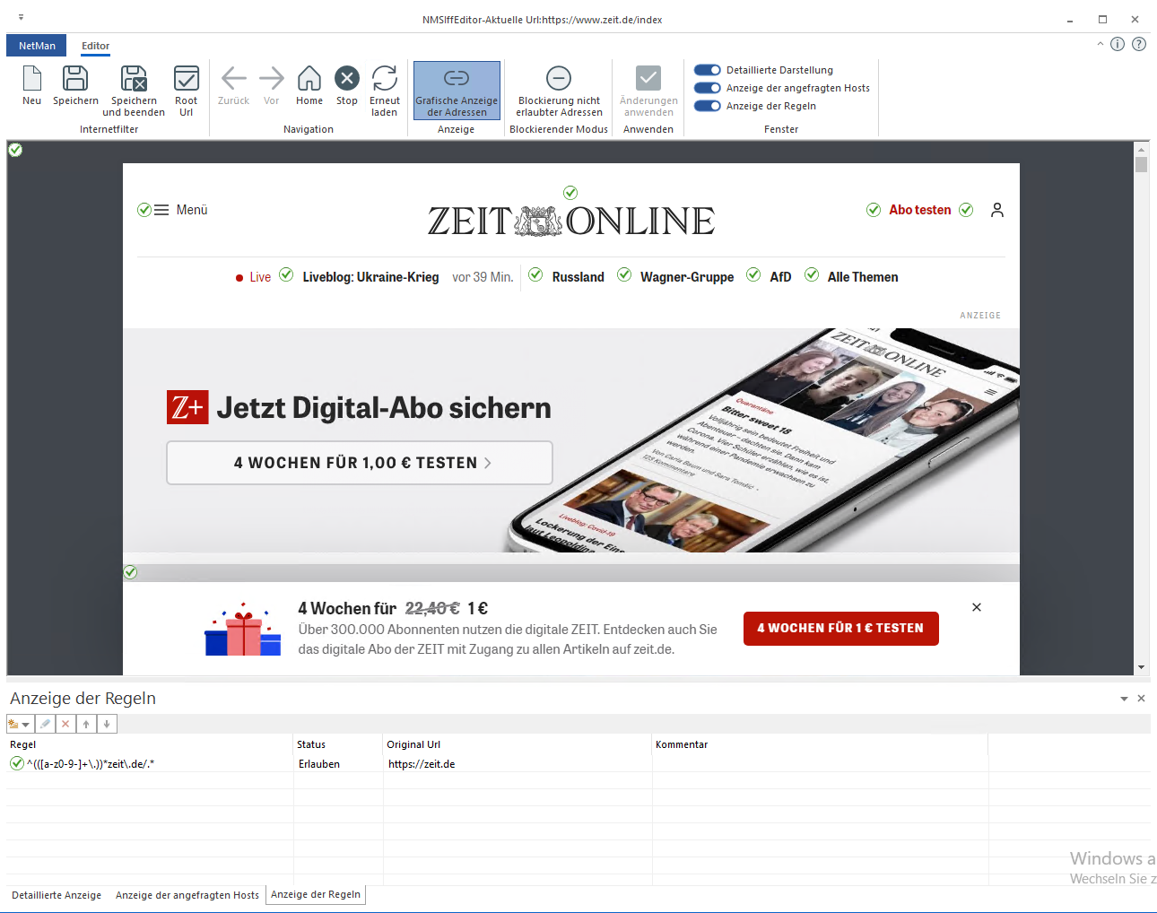 Beispiel www.zeit.de/index im Internetfiltereditor dargestellt. Beispiel www.zeit.de/index im Internetfiltereditor dargestellt.