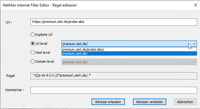 Beispiel: Die Adresse premium.zeit.de wird auf URL level verboten. Beispiel: Die Adresse premium.zeit.de wird auf URL level verboten.