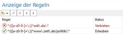Beispiel: 1. Zeile: *zeit\.de* verbieten, 2. Zeile: www\.zeit\.de/politik/.* erlauben Beispiel: 1. Zeile: *zeit\.de* verbieten, 2. Zeile: www\.zeit\.de/politik/.* erlauben