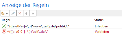 Beispiel: 1. Zeile: www\.zeit\.de/politik/.* erlauben, 2. Zeile: *zeit\.de* verbieten Beispiel: 1. Zeile: www\.zeit\.de/politik/.* erlauben, 2. Zeile: *zeit\.de* verbieten