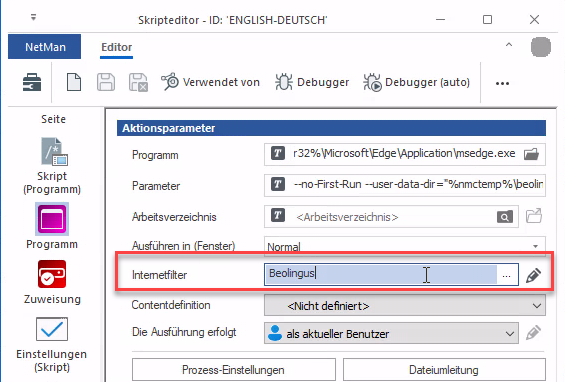 Aktivieren Sie im Feld Internetfilter im Programmskript auf der Seite Programm Bearbeiten, um eine neue Filterdefinition zu erzeugen.