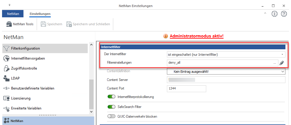 NetMan Einstellungen – Seite Filterkonfiguration Feld Filtereinstellungen.Aktivieren Sie Bearbeiten, um eine neue Filterdefinition zu erstellen.