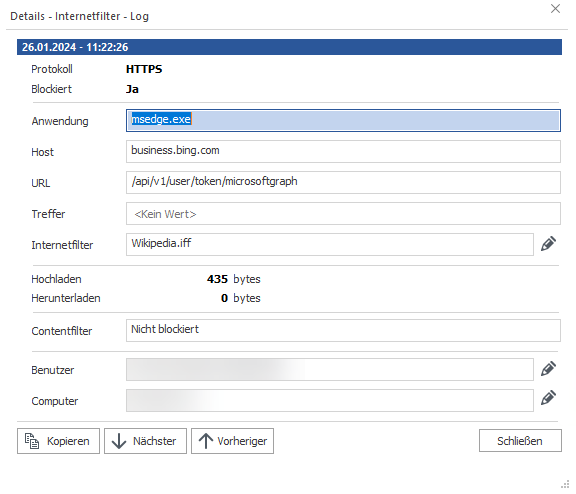 Detailanzeige eines Internetfilter-Log-Eintrags mit Informationen zu Protokoll, Blockier-Status, Anwendung, Host, URL, Treffer, Internetfilter, geladenen Bytes im Up- und Download, Contentfilter-Einsatz, Benutzer und Computer. Detailanzeige eines Internetfilter-Log-Eintrags mit Informationen zu Protokoll, Blockier-Status, Anwendung, Host, URL, Treffer, Internetfilter, geladenen Bytes im Up- und Download, Contentfilter-Einsatz, Benutzer und Computer.