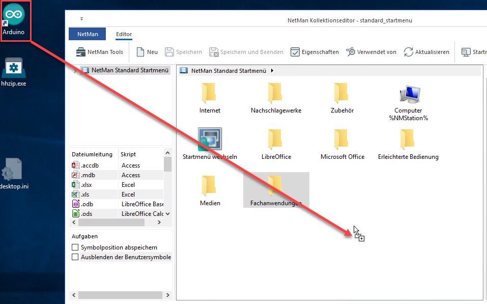 Die Desktopverknüpfung wird in das Arbeitsfenster des Kollektionseditors gezogen. Die Desktopverknüpfung wird in das Arbeitsfenster des Kollektionseditors gezogen.