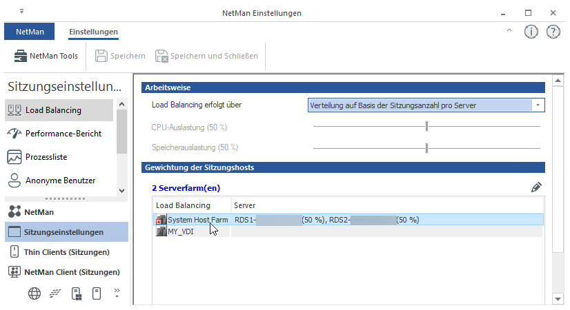 Die Sitzungseinstellungen für Loadbalancing haben 2 Bereiche: Arbeitsweise und Gewichtimg der Sitzungshosts.