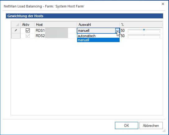 In der Spalte "Auswahl" wechseln Sie per DropDown-Menü zwischen manuellem und automatischem Loadbalancing.