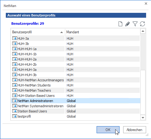 Aus der Liste aller Benutzerprofile wählen wir das globale Profil "NetMan Administratoren". Diese Profil ist keinem Mandanten zugeordnet. Aus der Liste aller Benutzerprofile wählen wir das globale Profil "NetMan Administratoren". Diese Profil ist keinem Mandanten zugeordnet.