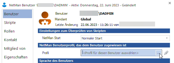 Neben Profil befindet sich das Eingabefeld für das Benutzerprofil. Die "Auswählen"-Schaltfläche öffnet das Fenster "Auswahl des Benutzerprofils". Neben Profil befindet sich das Eingabefeld für das Benutzerprofil. Die "Auswählen"-Schaltfläche öffnet das Fenster "Auswahl des Benutzerprofils".