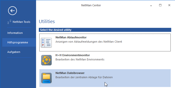 NetMan Center Backstage-Ansicht. Im Reiter Hilfsprogramme finden Sie die Schaltfläche NetMan Dateibrowser. NetMan Center Backstage-Ansicht. Im Reiter Hilfsprogramme finden Sie die Schaltfläche NetMan Dateibrowser.