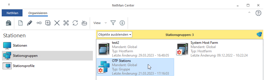 NetMan Center/ Stationen/Stationsgruppen: OTP Stations ist im Arbeitsfenster angewählt.