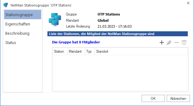 Details der NetMan Stationsgruppe OTP Stations. Auf der Seite Stationsgruppe finden Sie die Liste der Stationen, die Mitglied der NetMan Stationsgruppe sind.