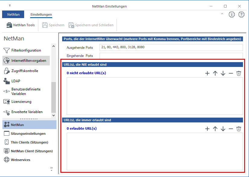 NetMan Einstellungen Internetfiltervorgaben