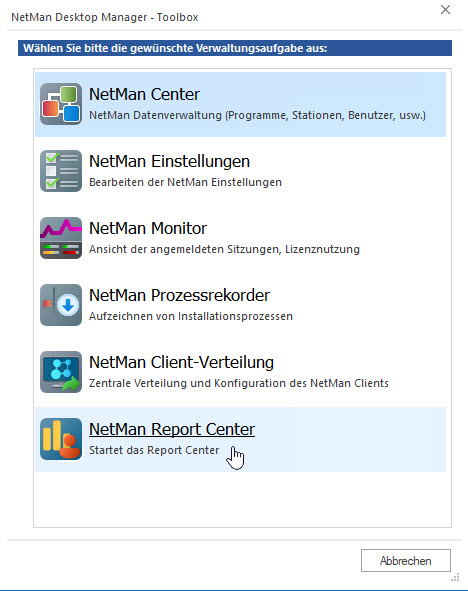 NetMan Toolbox: NetMan Report Center angewählt NetMan Toolbox: NetMan Report Center angewählt