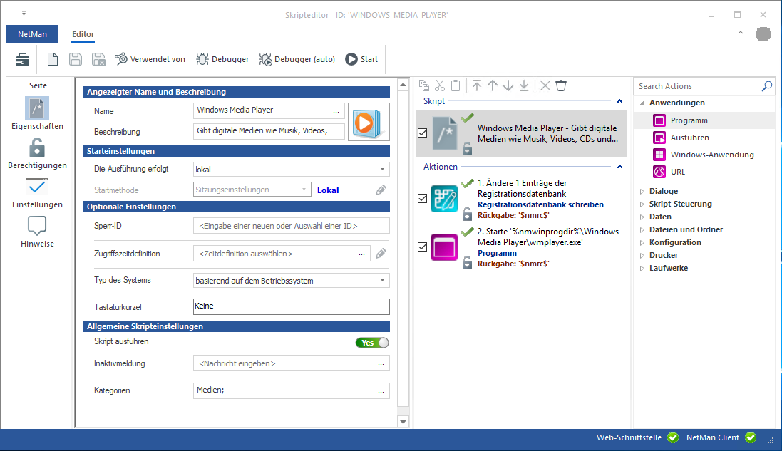 Expertenansicht des Skripteditor: Menüband, links Seitenauswahl, daneben Seitenansicht, daneben Skriptablauf, rechts Aktionsauswahl und Aktionssuche Expertenansicht des Skripteditor: Menüband, links Seitenauswahl, daneben Seitenansicht, daneben Skriptablauf, rechts Aktionsauswahl und Aktionssuche
