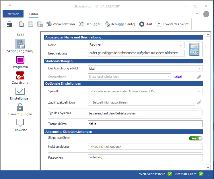 Einfache Ansicht des Skripteditors: Menüzeile, links Seitenauswahl, rechts Arbeitsfenster Einfache Ansicht des Skripteditors: Menüzeile, links Seitenauswahl, rechts Arbeitsfenster