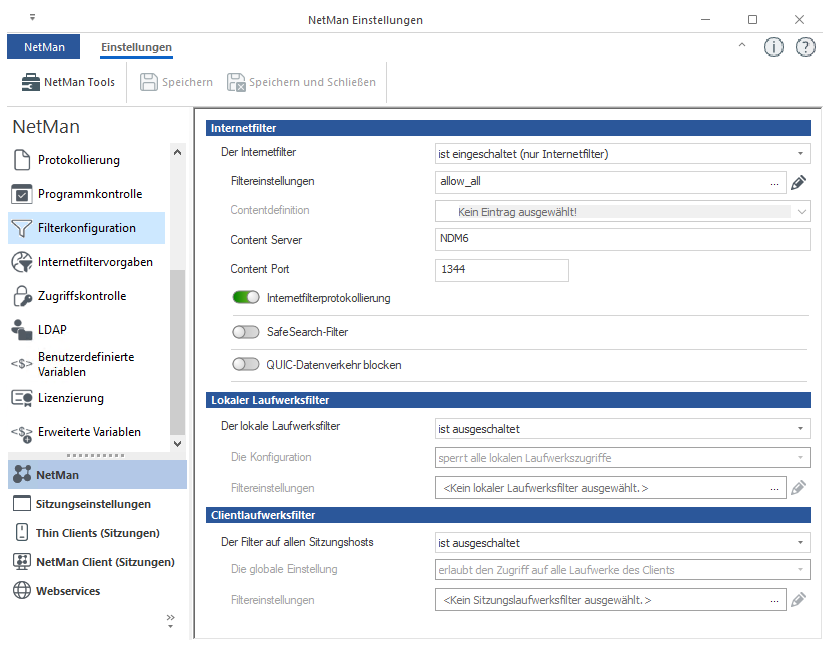 NetMan Einstellungen / NetMan / Filterkonfiguration NetMan Einstellungen / NetMan / Filterkonfiguration