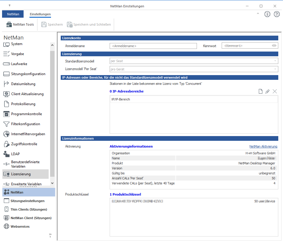 NetMan Einstellungen / NetMan / Lizenzierung
