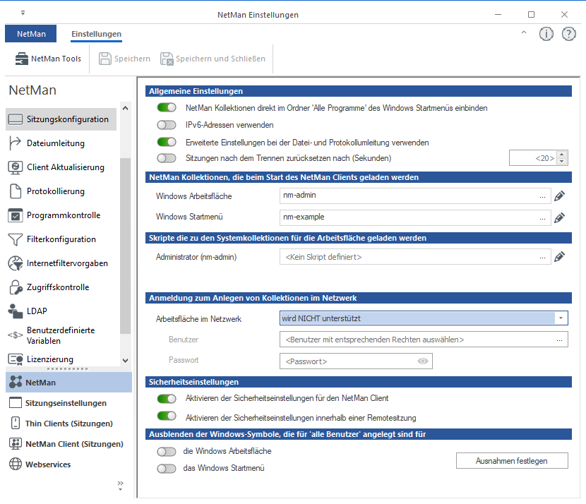 NetMan Einstellungen / NetMan / Sitzungskonfiguration NetMan Einstellungen / NetMan / Sitzungskonfiguration