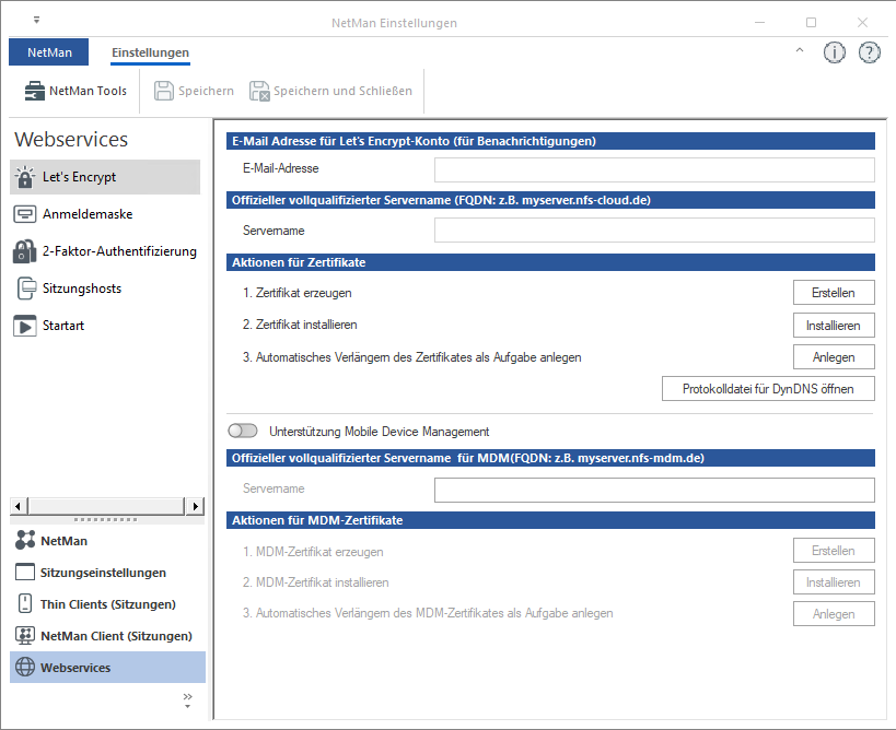 NetMan Einstellungen / Webservices / Let`s Encrypt NetMan Einstellungen / Webservices / Let`s Encrypt