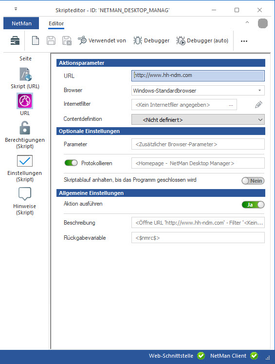 Skripteditor Seite URL. In der Zeile URL ist als Beispiel http://hh-ndm.com eingetragen. Skripteditor Seite URL. In der Zeile URL ist als Beispiel http://hh-ndm.com eingetragen.