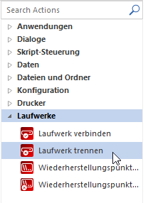 Beispiel Aktionsfenster: Kategorie Laufwerke, Aktion "Laufwerk trennen" gewählt;