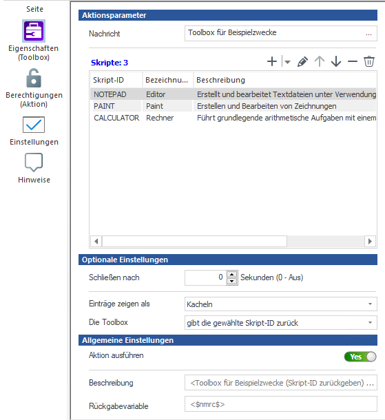 Beispiel Toolbox im Skripteditor