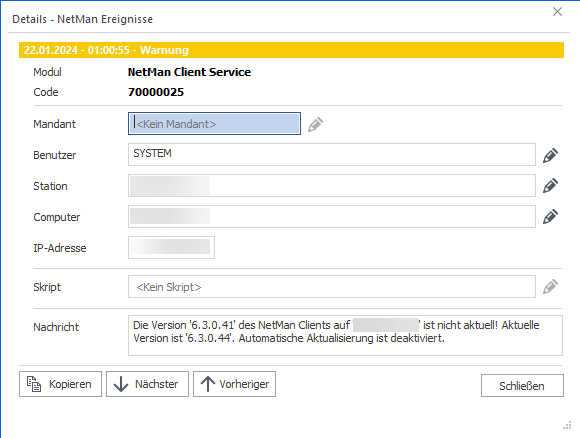 Beispiel Details eines NetMan Ereignisses Beispiel Details eines NetMan Ereignisses
