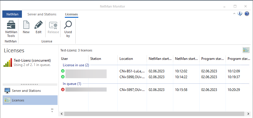 Beispiel Lizenzmonitor mit 2 benutzten Lizenzen und einem Benutzer in der Warteschlange für diese Lizenz. Beispiel Lizenzmonitor mit 2 benutzten Lizenzen und einem Benutzer in der Warteschlange für diese Lizenz.