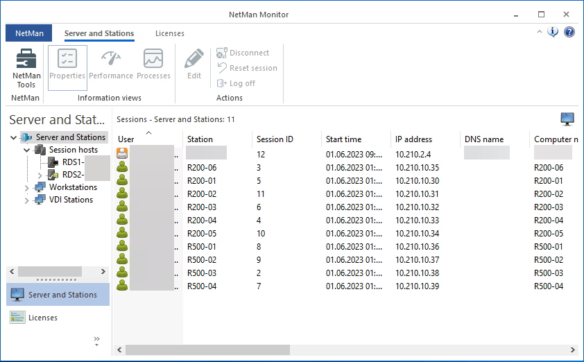 Hauptfenster des Server- und Stationsmonitors Hauptfenster des Server- und Stationsmonitors