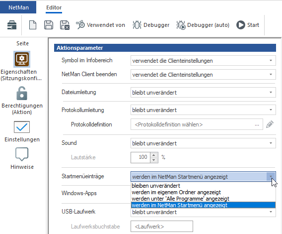 Startmenüeinträge werden im NetMan Startmenü angezeigt Startmenüeinträge werden im NetMan Startmenü angezeigt