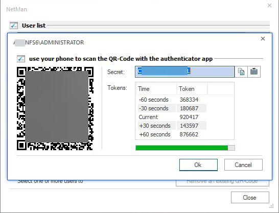 Ein Fenster mit QR-Code zum scannen wird angezeigt. Das Secret zum Erzeugen des QR-Codes wird angezeigt und kann geändert werden. Die aktuellen 5 Tokens werden angezeigt.