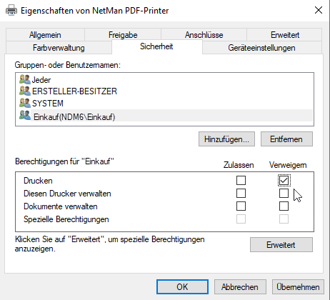 Drucken verweigern für Gruppe Einkauf