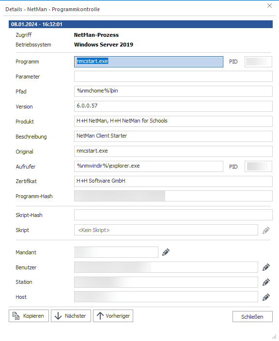 Detailansicht Programmaufruf mit Informationen über den Zugriffszeitpunkt, das Betreibssystem, das Programm und den Benutzer. Detailansicht Programmaufruf mit Informationen über den Zugriffszeitpunkt, das Betreibssystem, das Programm und den Benutzer.